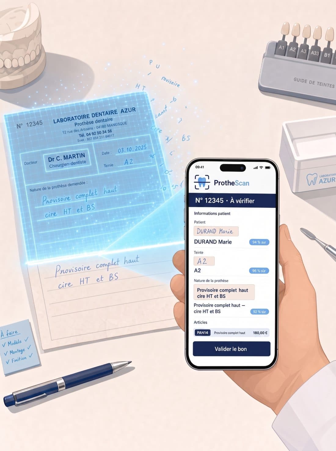 Un prothésiste tient un téléphone au-dessus d’un bon de travail papier ; l’écran affiche le bon transcrit, champ par champ, avec son taux de confiance.